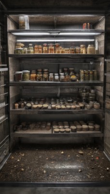 food,indoors,no humans,bottle,scenery,realistic,shelf,food focus,jar,shop,still life,coin,ceiling light