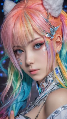 1girl,solo,long hair,looking at viewer,bangs,blue eyes,blonde hair,hair ornament,animal ears,bare shoulders,jewelry,closed mouth,blue hair,pink hair,multicolored hair,earrings,green hair,cat ears,nail polish,two-tone hair,lips,animal ear fluff,eyelashes,aqua hair,gradient hair,makeup,piercing,gem,ear piercing,portrait,pink nails,eyeshadow,realistic,nose,eyeliner,mascara,orange hair,fingernails,facial mark,close-up