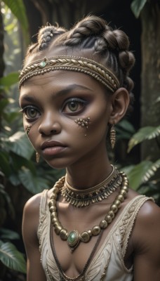 1girl,solo,breasts,short hair,brown hair,cleavage,bare shoulders,brown eyes,jewelry,closed mouth,collarbone,upper body,braid,earrings,small breasts,dark skin,necklace,blurry,dark-skinned female,tree,lips,eyelashes,blurry background,headband,leaf,looking away,nature,freckles,realistic,nose,tribal,tooth necklace,black hair,dress,facial mark,facepaint,dreadlocks