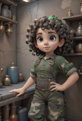 1girl,solo,looking at viewer,smile,short hair,blue eyes,brown hair,shirt,black hair,jewelry,closed mouth,standing,short sleeves,earrings,pants,indoors,medium hair,black eyes,lips,hand on hip,suspenders,child,sleeves rolled up,curly hair,pocket,female child,overalls,camouflage,hair ornament,dark skin,uniform,dark-skinned female,military,military uniform,nose