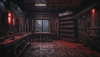 indoors,english text,no humans,window,chair,table,scenery,sign,door,tiles,cable,industrial pipe,sky,night,science fiction,wooden floor,lamp,dark,tile floor,wire