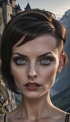 1girl,solo,looking at viewer,short hair,brown hair,black hair,jewelry,green eyes,collarbone,earrings,outdoors,parted lips,teeth,blurry,lips,eyelashes,makeup,piercing,ear piercing,portrait,freckles,realistic,nose,stud earrings,castle,mascara,necklace,close-up