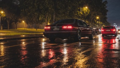 outdoors,sky,water,tree,no humans,night,grass,ground vehicle,night sky,scenery,motor vehicle,reflection,rain,car,light,road,vehicle focus,lamppost,lights,sports car,artist name,signature,realistic,puddle