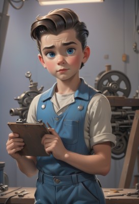 1girl,solo,looking at viewer,blush,short hair,blue eyes,brown hair,shirt,black hair,1boy,holding,jewelry,closed mouth,standing,white shirt,short sleeves,cowboy shot,earrings,indoors,blurry,lips,buttons,child,freckles,pocket,realistic,nose,stud earrings,overalls,clipboard,wrench,blue overalls,upper body,male focus,vest,thick eyebrows,aged down,denim,pen,male child,blue vest