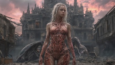 1girl,solo,long hair,breasts,blue eyes,blonde hair,medium breasts,standing,nude,cowboy shot,outdoors,parted lips,sky,cloud,lips,cloudy sky,building,science fiction,city,realistic,ruins,post-apocalypse,white hair,small breasts,looking to the side,blood,makeup,scar,ground vehicle,motor vehicle,sunset,dusk