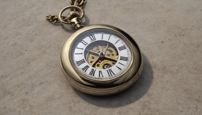 artist name,no humans,shadow,from above,scenery,watch,sand,clock,pocket watch,still life,roman numeral,signature,chain,key,gears