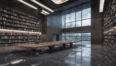 sky,day,cloud,indoors,water,tree,book,no humans,window,chair,table,sunlight,cloudy sky,bottle,scenery,snow,reflection,rain,wooden floor,bookshelf,winter,stool,shelf,bare tree,reflective floor,desk,tiles,tile floor,library,floor,ceiling,ladder