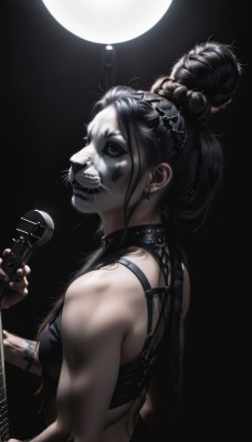 1girl,solo,long hair,breasts,smile,black hair,hair ornament,holding,bare shoulders,jewelry,upper body,earrings,teeth,choker,hair bun,nail polish,black eyes,collar,bracelet,from side,makeup,piercing,single hair bun,ring,feathers,lipstick,black background,instrument,ear piercing,black nails,microphone,nose,music,guitar,facepaint,holding microphone,holding instrument,microphone stand,black lips,lip piercing,double bun,tattoo,muscular,facial mark,spotlight