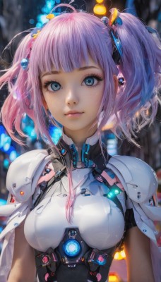 1girl,solo,long hair,breasts,looking at viewer,bangs,blue eyes,hair ornament,twintails,medium breasts,closed mouth,upper body,pink hair,ahoge,sidelocks,blunt bangs,armor,blurry,lips,eyelashes,bodysuit,blurry background,short twintails,science fiction,arms at sides,short hair,blue hair,purple hair,multicolored hair,small breasts,artist name,covered nipples,makeup,depth of field,glowing,expressionless,hair bobbles,shoulder armor,skin tight,light particles,freckles,pink lips,nose,shoulder pads,bokeh,mascara