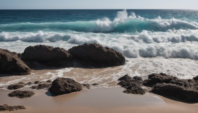 outdoors,sky,day,cloud,water,blue sky,no humans,ocean,beach,cloudy sky,scenery,rock,sand,horizon,waves,shore