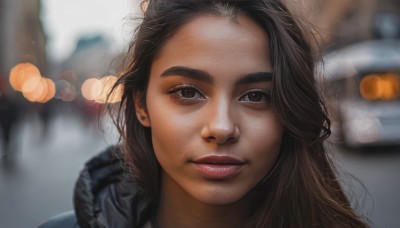 1girl,solo,long hair,looking at viewer,brown hair,brown eyes,outdoors,parted lips,solo focus,blurry,lips,depth of field,blurry background,thick eyebrows,ground vehicle,portrait,motor vehicle,realistic,nose,car,bokeh,smile,black hair,eyelashes,close-up