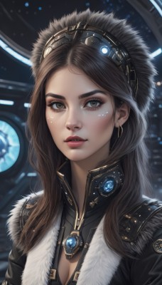 1girl,solo,long hair,breasts,looking at viewer,brown hair,cleavage,brown eyes,jewelry,medium breasts,upper body,hairband,earrings,parted lips,lips,fur trim,eyelashes,makeup,goggles,gem,portrait,goggles on head,realistic,nose,red lips,bangs,jacket,necklace,forehead,pendant,freckles,science fiction