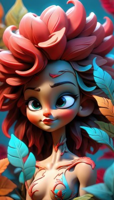 1girl,solo,long hair,breasts,looking at viewer,blush,smile,blue eyes,closed mouth,green eyes,collarbone,upper body,flower,nude,red hair,small breasts,blurry,lips,eyelashes,makeup,depth of field,leaf,blue background,plant,monster girl,freckles,plant girl,artist name,watermark,web address,bodypaint