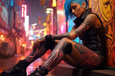 1girl,solo,breasts,short hair,bangs,gloves,bare shoulders,jewelry,sitting,closed mouth,blue hair,earrings,boots,outdoors,shorts,sleeveless,fingerless gloves,nail polish,black footwear,blurry,from side,tattoo,blurry background,piercing,ring,ear piercing,asymmetrical hair,city,asymmetrical bangs,arm tattoo,knee pads,undercut,facial tattoo,leg tattoo,cyberpunk,neck tattoo,graffiti,neon lights,jacket,dark skin,collar,dark-skinned female,lips,night,high collar,nose,leather,nose piercing,eyebrow piercing