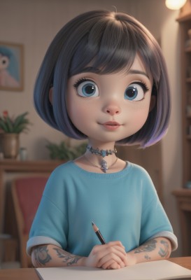 1girl,solo,looking at viewer,smile,short hair,bangs,blue eyes,shirt,black hair,holding,jewelry,upper body,short sleeves,parted lips,choker,artist name,indoors,necklace,blurry,lips,book,eyelashes,tattoo,depth of field,blurry background,chair,table,bob cut,blue shirt,plant,child,freckles,nose,bookshelf,pen,female child,potted plant,arm tattoo,shoulder tattoo,pencil,sitting,swept bangs,own hands together,lamp,holding pencil,desk lamp