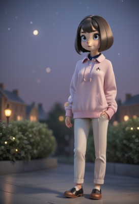 1girl,solo,smile,short hair,bangs,blue eyes,brown hair,shirt,long sleeves,closed mouth,standing,full body,outdoors,sky,shoes,collared shirt,pants,artist name,hood,black footwear,blurry,sweater,lips,hoodie,night,blurry background,brown footwear,moon,bob cut,building,child,star (sky),night sky,full moon,hand in pocket,white pants,drawstring,female child,bush,lamppost,pink hoodie,black hair,socks