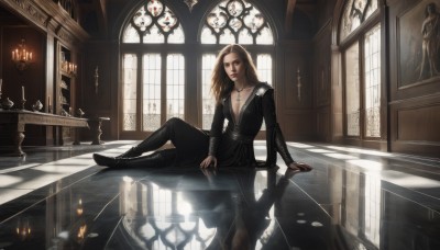 1girl,solo,long hair,breasts,looking at viewer,blue eyes,blonde hair,brown hair,long sleeves,dress,cleavage,brown eyes,jewelry,medium breasts,sitting,boots,pants,indoors,necklace,black footwear,black dress,lips,window,black pants,sunlight,cross,pendant,cross-laced footwear,reflection,mirror,realistic,on floor,tiles,candle,tile floor,cross necklace,checkered floor,statue,church,candlestand,reflective floor,different reflection,closed mouth,arm support,table