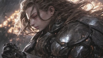 1girl,solo,long hair,blue eyes,blonde hair,brown hair,brown eyes,closed mouth,upper body,armor,blurry,from side,lips,profile,floating hair,blurry background,scar,looking down,own hands together,wind,shoulder armor,gauntlets,rain,pauldrons,realistic,nose,power armor,plate armor,weapon,wet,depth of field