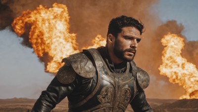 solo,short hair,black hair,1boy,closed mouth,upper body,male focus,outdoors,dark skin,armor,facial hair,scar,dark-skinned male,shoulder armor,beard,scar on face,smoke,pauldrons,breastplate,realistic,manly,explosion,chainmail,jewelry,closed eyes,earrings,sky,fire,scar across eye