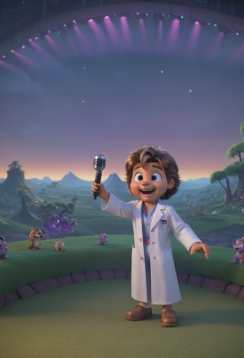 smile,short hair,open mouth,brown hair,1boy,holding,brown eyes,standing,:d,male focus,outdoors,multiple boys,sky,shoes,teeth,dark skin,tree,night,facial hair,brown footwear,grass,child,star (sky),night sky,microphone,starry sky,dog,mountain,music,labcoat,male child,holding microphone,stage,solo,long sleeves,full body,sunset,mouse,hamster,aurora