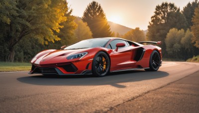 outdoors,sky,tree,no humans,shadow,sunlight,grass,ground vehicle,nature,scenery,motor vehicle,forest,sunset,car,road,vehicle focus,sports car,solo,sun,wheel