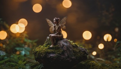 1girl,solo,short hair,black hair,dress,bare shoulders,jewelry,sitting,closed mouth,closed eyes,outdoors,wings,barefoot,pointy ears,dark skin,hair bun,blurry,from side,dark-skinned female,tree,profile,depth of field,blurry background,single hair bun,grass,plant,nature,scenery,rock,fairy wings,fairy,wide shot,bokeh,sitting on rock,leaf,antennae,butterfly wings,moss