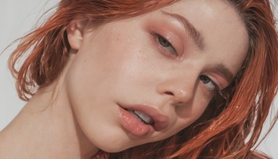 1girl,solo,looking at viewer,short hair,simple background,brown hair,white background,brown eyes,parted lips,teeth,grey background,orange hair,black eyes,lips,head tilt,looking to the side,eyelashes,portrait,close-up,freckles,realistic,nose,red hair,grey eyes