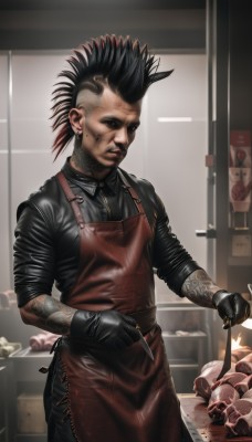 solo,looking at viewer,shirt,black hair,gloves,1boy,holding,jewelry,closed mouth,standing,male focus,multicolored hair,cowboy shot,earrings,black gloves,pants,indoors,mole,black eyes,apron,two-tone hair,black shirt,mole under eye,tattoo,facial hair,black pants,piercing,knife,ear piercing,zipper,skull,realistic,holding knife,stud earrings,arm tattoo,leather,undercut,cooking,kitchen,mohawk,sink,neck tattoo,kitchen knife,cutting board,red apron,1girl,short hair,blood,spiked hair,sleeves rolled up,facial tattoo,leather jacket,corpse