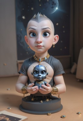 solo,looking at viewer,short hair,blue eyes,shirt,1boy,holding,jewelry,upper body,white hair,short sleeves,grey hair,male focus,earrings,indoors,necklace,star (symbol),bracelet,lips,night,moon,table,t-shirt,gem,child,star (sky),full moon,freckles,realistic,nose,male child,bald,very short hair,planet,gold,1girl,artist name,aged down