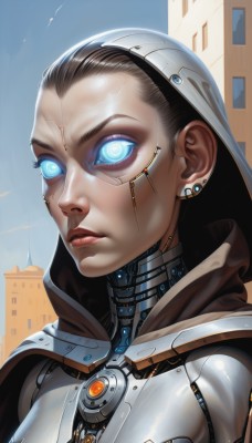 1girl,solo,looking at viewer,short hair,blue eyes,black hair,jewelry,closed mouth,upper body,earrings,hood,lips,makeup,glowing,building,portrait,glowing eyes,forehead,hood up,science fiction,nose,android,cyborg,cyberpunk,sky,day,signature,eyelashes,facial mark,expressionless,robot,close-up,city,forehead mark,realistic,stud earrings,cityscape,hair slicked back,hair pulled back