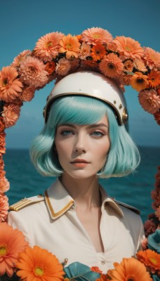 1girl,solo,looking at viewer,short hair,bangs,blue eyes,shirt,hat,closed mouth,blue hair,white shirt,upper body,flower,outdoors,sky,day,collared shirt,artist name,water,blurry,uniform,blue sky,lips,military,eyelashes,aqua hair,military uniform,ocean,bob cut,helmet,portrait,realistic,nose,orange flower,aqua eyes,buttons,expressionless,epaulettes