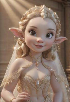 1girl,solo,long hair,looking at viewer,smile,blonde hair,hair ornament,dress,navel,bare shoulders,brown eyes,jewelry,upper body,earrings,parted lips,teeth,pointy ears,indoors,white dress,blurry,flat chest,bracelet,lips,fingernails,see-through,hand on hip,loli,eyelashes,depth of field,blurry background,elf,gem,veil,forehead,freckles,fantasy,bridal veil,breasts,small breasts,tiara,realistic,nose