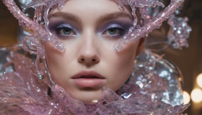 1girl,solo,looking at viewer,brown hair,closed mouth,green eyes,parted lips,blurry,lips,grey eyes,eyelashes,makeup,depth of field,blurry background,portrait,close-up,eyeshadow,reflection,realistic,mascara,short hair,water