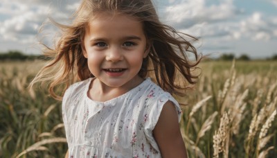 1girl,solo,long hair,looking at viewer,smile,open mouth,blue eyes,brown hair,shirt,dress,white shirt,upper body,:d,outdoors,sky,teeth,sleeveless,day,cloud,white dress,blurry,blue sky,floating hair,depth of field,blurry background,cloudy sky,wind,child,forehead,realistic,female child,field,brown eyes