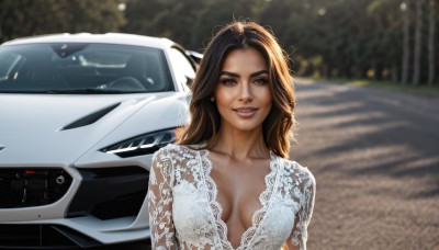 1girl,solo,long hair,breasts,looking at viewer,smile,brown hair,black hair,dress,cleavage,brown eyes,jewelry,medium breasts,collarbone,upper body,earrings,outdoors,parted lips,teeth,dark skin,white dress,blurry,dark-skinned female,lips,depth of field,blurry background,ground vehicle,lace,breasts apart,motor vehicle,realistic,car,vehicle focus,sports car,day,mole,plunging neckline