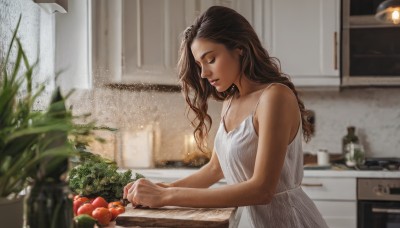 1girl,solo,long hair,breasts,brown hair,dress,bare shoulders,closed mouth,closed eyes,upper body,food,sleeveless,indoors,white dress,blurry,lips,window,fruit,sleeveless dress,depth of field,blurry background,wavy hair,plant,realistic,apple,kitchen,tomato,sink,counter,cutting board,potted plant,cooking,vegetable,stove