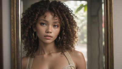 1girl,solo,long hair,breasts,looking at viewer,brown hair,black hair,cleavage,bare shoulders,brown eyes,jewelry,collarbone,upper body,earrings,dark skin,mole,blurry,dark-skinned female,lips,makeup,messy hair,freckles,reflection,curly hair,mole on breast,hoop earrings,mirror,realistic,nose,very dark skin,dress,medium breasts,artist name,portrait,mole on body