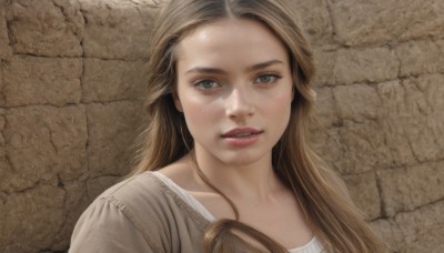 1girl,solo,long hair,looking at viewer,blush,brown hair,shirt,brown eyes,collarbone,white shirt,upper body,parted lips,teeth,lips,grey eyes,portrait,forehead,realistic,nose,wall,brick wall,smile,open mouth,jewelry,necklace,eyelashes