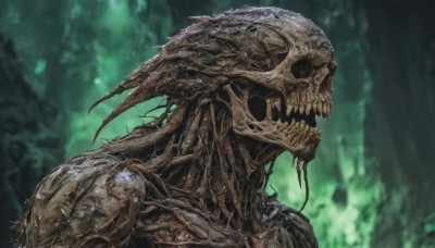 solo,open mouth,upper body,teeth,blurry,from side,no humans,blurry background,sharp teeth,portrait,1other,skull,monster,alien,profile,green background,skeleton