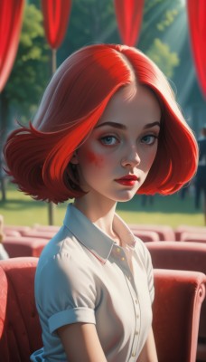 1girl,solo,breasts,looking at viewer,short hair,blue eyes,shirt,sitting,closed mouth,white shirt,upper body,short sleeves,red hair,small breasts,day,collared shirt,artist name,indoors,blurry,tree,lips,eyelashes,blood,makeup,buttons,depth of field,blurry background,chair,sunlight,bob cut,lipstick,curtains,couch,freckles,nose,red lips,lipstick mark,jewelry,earrings,from side,dress shirt,backlighting,blood on face,realistic