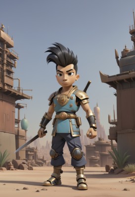 solo,looking at viewer,black hair,1boy,holding,brown eyes,jewelry,closed mouth,standing,full body,weapon,male focus,earrings,boots,outdoors,belt,sword,holding weapon,armor,black eyes,holding sword,spiked hair,shoulder armor,building,sheath,city,vambraces,male child,mohawk,child,rock