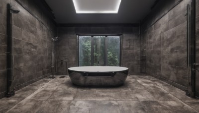 outdoors,day,indoors,tree,no humans,window,plant,scenery,door,tiles,wall,tile floor,bathroom,bathtub,tile wall,toilet,sink,faucet,water