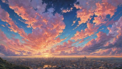 outdoors,sky,cloud,tree,blue sky,dutch angle,no humans,night,cloudy sky,building,star (sky),night sky,scenery,starry sky,sunset,city,horizon,cityscape,twilight,skyscraper,evening,city lights,skyline,ocean