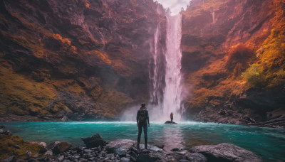 1boy, standing, outdoors, multiple boys, 2boys, water, from behind, tree, scenery, science fiction, rock