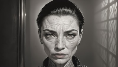 1girl,solo,long hair,looking at viewer,black hair,1boy,brown eyes,jewelry,closed mouth,monochrome,greyscale,earrings,artist name,indoors,signature,lips,eyelashes,facial mark,portrait,freckles,spot color,realistic,eye focus,short hair,male focus,tattoo,nose,stud earrings,very short hair,wrinkled skin