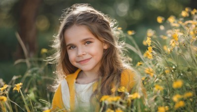 1girl,solo,long hair,looking at viewer,smile,blue eyes,brown hair,shirt,closed mouth,white shirt,upper body,flower,outdoors,day,blurry,lips,depth of field,blurry background,grass,portrait,realistic,yellow flower,bokeh,old woman,brown eyes,sunlight,nature