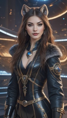 1girl,solo,long hair,breasts,looking at viewer,blue eyes,brown hair,gloves,long sleeves,animal ears,cleavage,brown eyes,jewelry,medium breasts,jacket,cowboy shot,earrings,belt,mole,lips,coat,fur trim,bodysuit,makeup,gem,realistic,nose,red lips,lion ears,black hair,closed mouth,standing,upper body,artist name,cat ears,signature,necklace,parted bangs,lipstick,dog ears,forehead,fur collar,black bodysuit