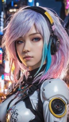 1girl,solo,long hair,breasts,looking at viewer,bangs,blue eyes,medium breasts,closed mouth,blue hair,upper body,pink hair,white hair,multicolored hair,artist name,signature,medium hair,armor,blurry,two-tone hair,lips,streaked hair,eyelashes,bodysuit,gradient hair,makeup,blurry background,swept bangs,headphones,watermark,web address,headset,science fiction,pink lips,realistic,nose,cyborg,outdoors,from side,looking to the side,depth of field,portrait,cyberpunk