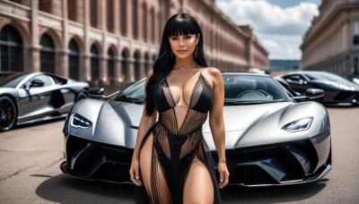 1girl,solo,long hair,breasts,looking at viewer,smile,bangs,large breasts,black hair,dress,navel,cleavage,bare shoulders,brown eyes,jewelry,closed mouth,standing,collarbone,thighs,cowboy shot,earrings,outdoors,sky,sleeveless,day,dark skin,blunt bangs,necklace,blurry,black eyes,black dress,dark-skinned female,lips,sleeveless dress,depth of field,blurry background,halterneck,ground vehicle,building,revealing clothes,breasts apart,motor vehicle,pelvic curtain,realistic,car,road,vehicle focus,halter dress,plunging neckline,sports car,see-through,center opening