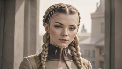 1girl,solo,long hair,looking at viewer,brown hair,black hair,brown eyes,jewelry,closed mouth,upper body,braid,multicolored hair,earrings,outdoors,blurry,twin braids,two-tone hair,lips,blurry background,building,portrait,forehead,realistic,multiple braids,eyelashes,window,makeup,sunlight,white jacket,lipstick,eyeshadow,backlighting,nose